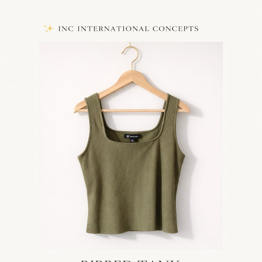 INC International Concepts Olive Green Ribbed Tank Top XL Stretch Square Neck